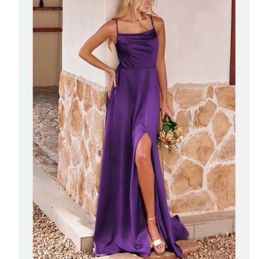 Stacees square neck maxi stretch satin bridesmaid dress with bowknot in grape